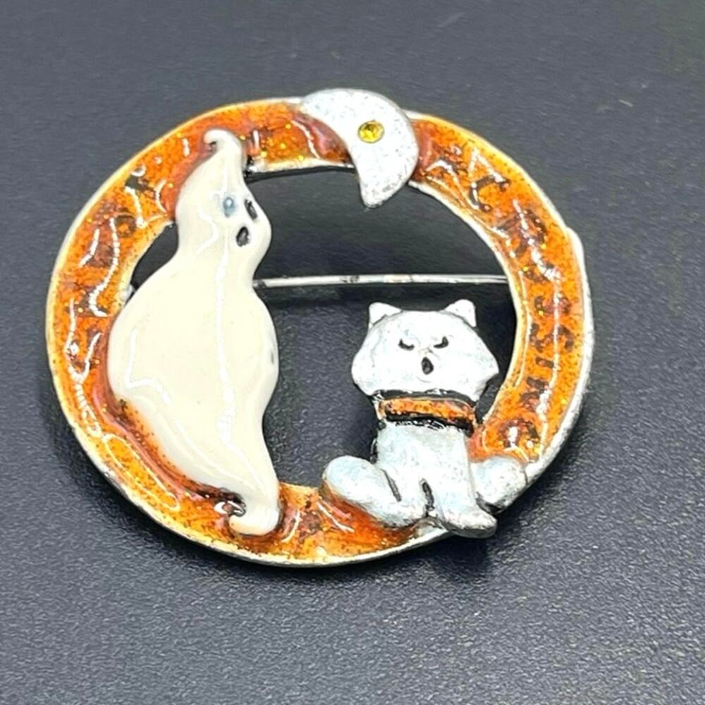 TC Ghost‎ Crossing Halloween Spooky Ghost Cat Orange Brooch